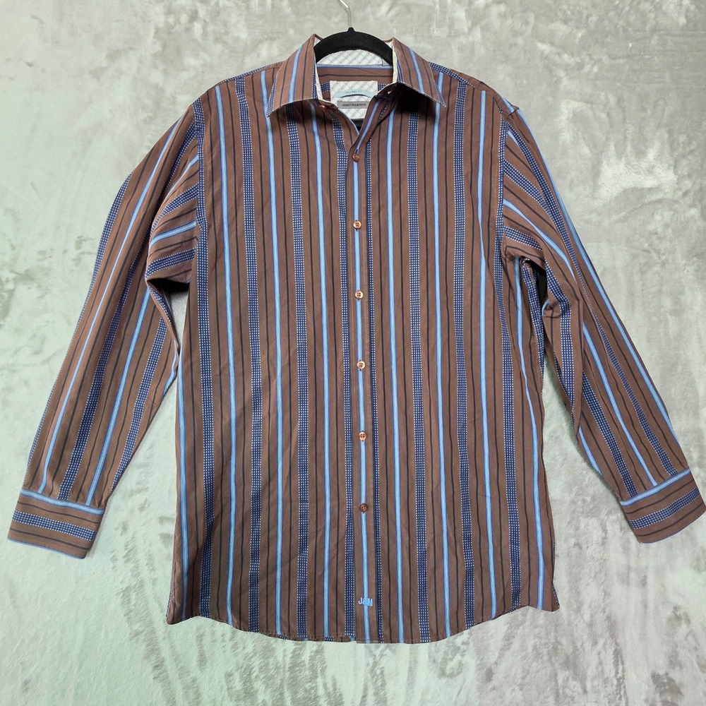 Johnston & Murphy Mens Tailored Fit Brown Blue Striped Cotton Button Shirt Sz M